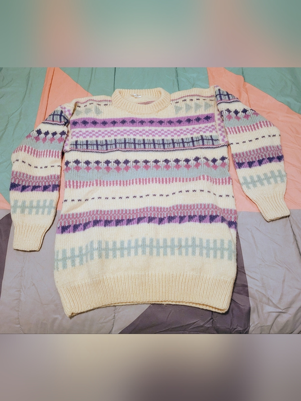 Cream Crewneck Wool Sweater with Pastel Pink, Purple & Light Blue Stripes